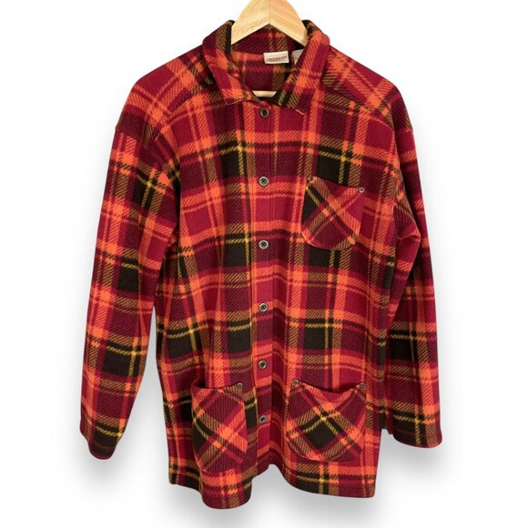 Vintage‎ Fleece Jacket Shirt Shacket Plaid Red Orange Autumn Fall Medium Pockets - Picture 1 of 9